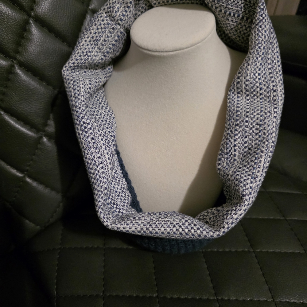 Blue and White Knit Infinity Scarf